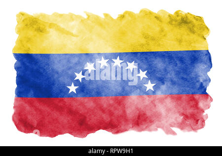 Le Venezuela drapeau est représenté dans un style aquarelle liquide isolé sur fond blanc. Peinture imprudente avec ombrage image de drapeau national. L'indépendance Banque D'Images