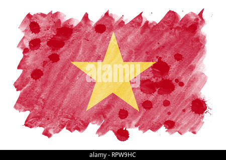 Vietnam drapeau est représenté dans un style aquarelle liquide isolé sur fond blanc. Peinture imprudente avec ombrage image de drapeau national. Indépendance Da Banque D'Images