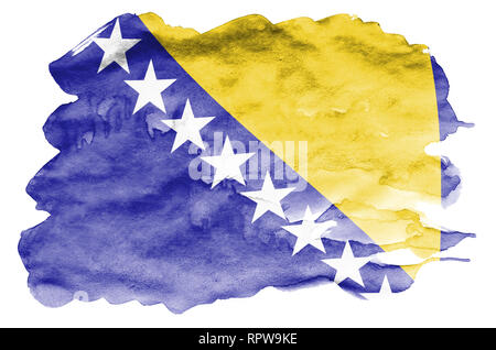 La Bosnie-et-Herzégovine drapeau est représenté dans un style aquarelle liquide isolé sur fond blanc. Peinture imprudente avec ombrage image de drapeau national. Banque D'Images