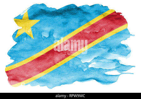 République démocratique du Congo drapeau est représenté dans un style aquarelle liquide isolé sur fond blanc. Peinture imprudente avec ombrage image de natio Banque D'Images