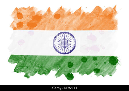 L'Inde drapeau est représenté dans un style aquarelle liquide isolé sur fond blanc. Peinture imprudente avec ombrage image de drapeau national. Date de l'indépendance Banque D'Images