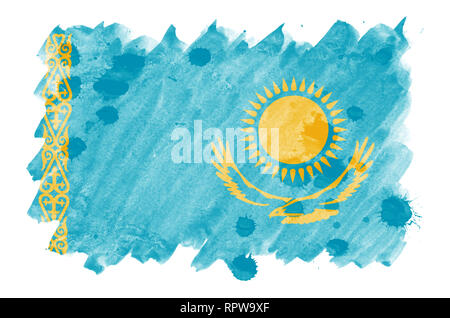 Kazakhstan drapeau est représenté dans un style aquarelle liquide isolé sur fond blanc. Peinture imprudente avec ombrage image de drapeau national. L'indépendance Banque D'Images