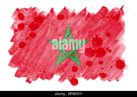 Maroc drapeau est représenté dans un style aquarelle liquide isolé sur fond blanc. Peinture imprudente avec ombrage image de drapeau national. Indépendance Da Banque D'Images