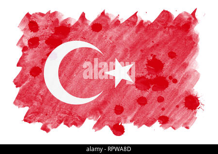 Drapeau de la Turquie est représenté dans un style aquarelle liquide isolé sur fond blanc. Peinture imprudente avec ombrage image de drapeau national. Date de l'indépendance Banque D'Images