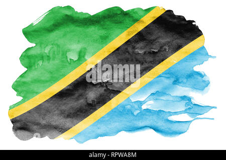 Tanzanie drapeau est représenté dans un style aquarelle liquide isolé sur fond blanc. Peinture imprudente avec ombrage image de drapeau national. L'indépendance D Banque D'Images