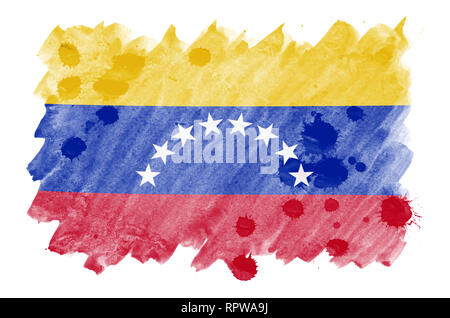 Le Venezuela drapeau est représenté dans un style aquarelle liquide isolé sur fond blanc. Peinture imprudente avec ombrage image de drapeau national. L'indépendance Banque D'Images