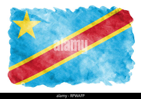 République démocratique du Congo drapeau est représenté dans un style aquarelle liquide isolé sur fond blanc. Peinture imprudente avec ombrage image de natio Banque D'Images