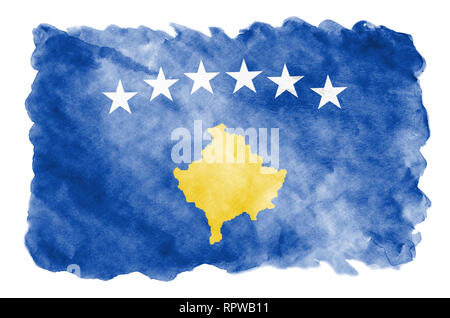 Drapeau du Kosovo est représenté dans un style aquarelle liquide isolé sur fond blanc. Peinture imprudente avec ombrage image de drapeau national. Date de l'indépendance