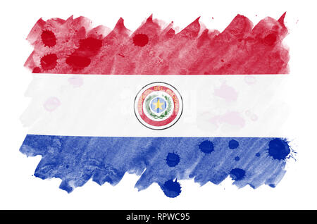 Le Paraguay drapeau est représenté dans un style aquarelle liquide isolé sur fond blanc. Peinture imprudente avec ombrage image de drapeau national. L'indépendance D Banque D'Images