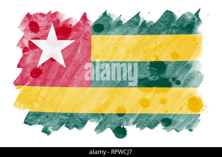 Togo drapeau est représenté dans un style aquarelle liquide isolé sur fond blanc. Peinture imprudente avec ombrage image de drapeau national. Date de l'indépendance b Banque D'Images