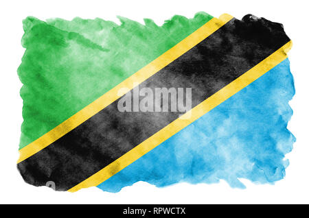 Tanzanie drapeau est représenté dans un style aquarelle liquide isolé sur fond blanc. Peinture imprudente avec ombrage image de drapeau national. L'indépendance D Banque D'Images