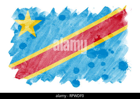 République démocratique du Congo drapeau est représenté dans un style aquarelle liquide isolé sur fond blanc. Peinture imprudente avec ombrage image de natio Banque D'Images