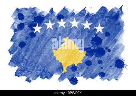 Drapeau du Kosovo est représenté dans un style aquarelle liquide isolé sur fond blanc. Peinture imprudente avec ombrage image de drapeau national. Date de l'indépendance