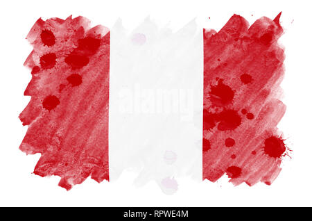 Pérou drapeau est représenté dans un style aquarelle liquide isolé sur fond blanc. Peinture imprudente avec ombrage image de drapeau national. Date de l'indépendance b Banque D'Images