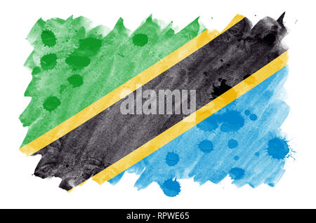 Tanzanie drapeau est représenté dans un style aquarelle liquide isolé sur fond blanc. Peinture imprudente avec ombrage image de drapeau national. L'indépendance D Banque D'Images