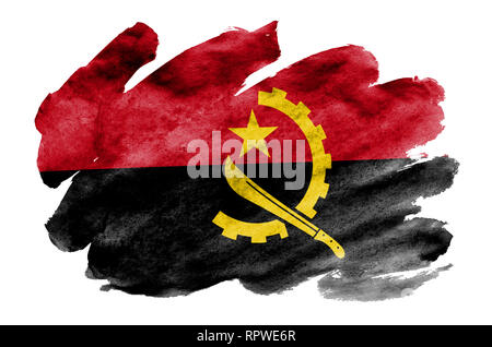 Drapeau de l'Angola est représenté dans un style aquarelle liquide isolé sur fond blanc. Peinture imprudente avec ombrage image de drapeau national. Date de l'indépendance Banque D'Images