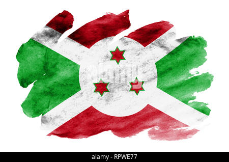 Burundi drapeau est représenté dans un style aquarelle liquide isolé sur fond blanc. Peinture imprudente avec ombrage image de drapeau national. Indépendance Da Banque D'Images