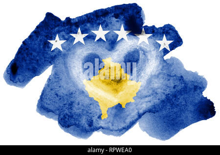 Drapeau du Kosovo est représenté dans un style aquarelle liquide isolé sur fond blanc. Peinture imprudente avec ombrage image de drapeau national. Date de l'indépendance
