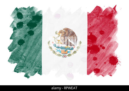 Mexique drapeau est représenté dans un style aquarelle liquide isolé sur fond blanc. Peinture imprudente avec ombrage image de drapeau national. Date de l'indépendance Banque D'Images