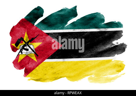 Mozambique drapeau est représenté dans un style aquarelle liquide isolé sur fond blanc. Peinture imprudente avec ombrage image de drapeau national. L'indépendance Banque D'Images