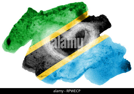 Tanzanie drapeau est représenté dans un style aquarelle liquide isolé sur fond blanc. Peinture imprudente avec ombrage image de drapeau national. L'indépendance D Banque D'Images