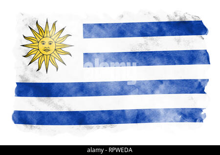 L'Uruguay drapeau est représenté dans un style aquarelle liquide isolé sur fond blanc. Peinture imprudente avec ombrage image de drapeau national. Indépendance Da Banque D'Images