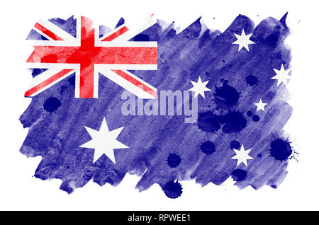 Drapeau de l'Australie est représenté dans un style aquarelle liquide isolé sur fond blanc. Peinture imprudente avec ombrage image de drapeau national. L'indépendance Banque D'Images