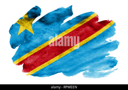 République démocratique du Congo drapeau est représenté dans un style aquarelle liquide isolé sur fond blanc. Peinture imprudente avec ombrage image de natio Banque D'Images