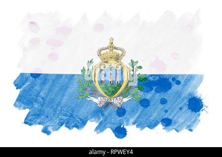 Saint-marin drapeau est représenté dans un style aquarelle liquide isolé sur fond blanc. Peinture imprudente avec ombrage image de drapeau national. L'indépendance Banque D'Images