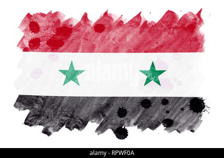 La Syrie drapeau est représenté dans un style aquarelle liquide isolé sur fond blanc. Peinture imprudente avec ombrage image de drapeau national. Date de l'indépendance Banque D'Images