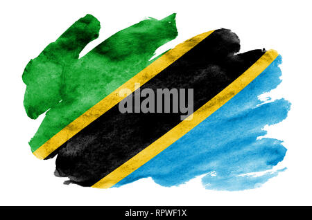 Tanzanie drapeau est représenté dans un style aquarelle liquide isolé sur fond blanc. Peinture imprudente avec ombrage image de drapeau national. L'indépendance D Banque D'Images