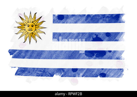 L'Uruguay drapeau est représenté dans un style aquarelle liquide isolé sur fond blanc. Peinture imprudente avec ombrage image de drapeau national. Indépendance Da Banque D'Images