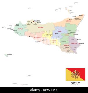 Carte politique et administrative de la Sicile avec drapeau Illustration de Vecteur