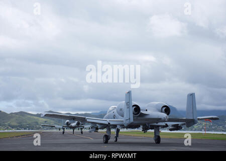 U.S. Air Force A-10 Thunderbolt II les pilotes affectés à la 442e Escadre de chasse, Whiteman Air Force Base, Mo., taxi sur la piste lors d'un exercice d'entraînement Marine Corps Air Station La Baie de Kaneohe, Marine Corps Base New York, 22 février 2019. L'unité sera la participation à divers exercices de formation à travers les îles Hawaï, en collaboration avec les unités du Corps des Marines des États-Unis. (U.S. Photo de l'Armée de l'air par la Haute Airman Missy Sterling) Banque D'Images