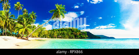 Panorama incroyable silhouette sable plage tropicale avec palmiers de noix de coco dans une mer cristalline sur fond de l'eau nature paysage Banque D'Images