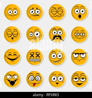 Ensemble d'autocollants mignons heureux smiley jaune,émotions vector illustration Illustration de Vecteur