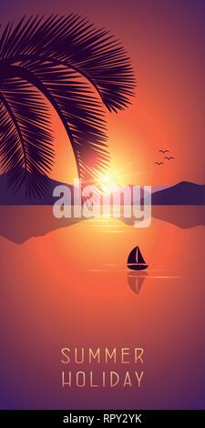 Vacances d'été sur la mer avec des feuilles de palmiers et de la voile au coucher du soleil pourpre illustration vecteur EPS10 Illustration de Vecteur