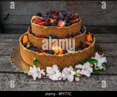 Gâteau au fromage avec fruits et de baies sur la vieille x625, blanc fleurs apple Banque D'Images