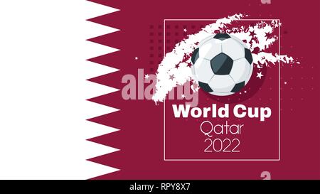 Coupe du Monde de soccer 2022 bannière ou un modèle de conception de tournoi avec balle en cuir et Qatar national flag. Vector illustration. Composition horizontale. L'ABS Illustration de Vecteur