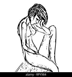 Appelée girl sitting obektiv la tête sur sa main et triste. dessin vectoriel avec lignes noires sur fond blanc isolé. Illustration de Vecteur