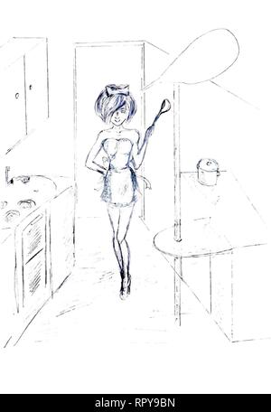 Fille peint la femme au foyer pour les tâches ménagères. L'image sur un fond blanc. L'image est dessiné avec un crayon. Illustration de Vecteur