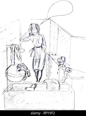 Fille peint la femme au foyer pour les tâches ménagères. L'image sur un fond blanc. L'image est dessiné avec un crayon. Illustration de Vecteur