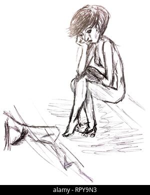 Jeune fille assise avec un visage triste en regardant l'image ci-dessous. La photo est dessiné avec un crayon. Illustration de Vecteur