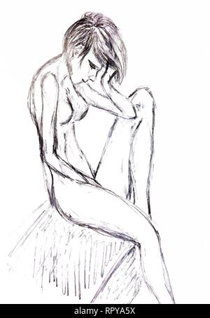 Appelée girl sitting posant sa tête sur sa main et triste. l'image est dessiné avec un crayon. Illustration de Vecteur