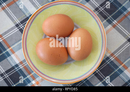 Trois matières et produits bio frais oeufs de poule sur une petite assiette. Protéines et l'alimentation saine des aliments sur la table Banque D'Images