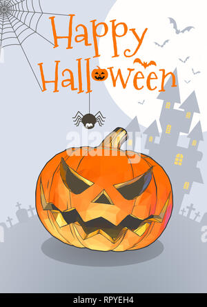 Jack o lantern polygonale dans funny cartoon style pour carte de souhaits pour l'halloween sur le château de graves et la pleine lune BG Banque D'Images
