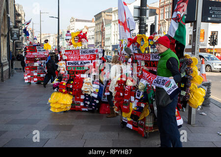 Cardiff, Wales, UK. 23 févr. 2019. Le Pays de Galles et l'Angleterre rugby les supporters affluent dans le centre-ville de Cardiff avant les Six Nations match entre les deux équipes. Credit : Gruffydd Thomas/Alamy Live News Banque D'Images