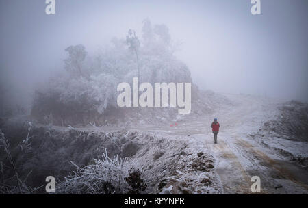 (190223) -- Wuhan, 23 février 2019 (Xinhua) -- Photo prise le 12 février 2019 montre un électricien participant à la ruée des réparations dans la zone de montagne de Wuhan, capitale de la province du Hubei en Chine centrale. Une équipe d'électriciens a été envoyé pour réparer un fil haute tension qui a été rompu en raison de l'épaisse couche de l'accumulation de glace. Après une journée de travail sur le plus de 40 mètres de haut de la tour de transmission de puissance de mauvaise condition météorologique, l'équipe réussi à fixer la défaillance de l'alimentation système qui réduit la vitesse des trains causant des retards au cours de l'après-pic des voyages vacances. Festival de printemps de cette année de pointe de voyage Banque D'Images