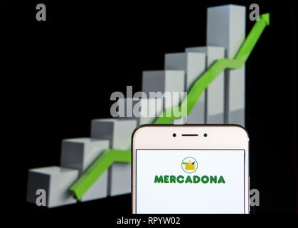 10 février 2019 - Hong Kong - famille espagnole appartenant à la chaîne de supermarchés Mercadona logo est vu sur un appareil mobile Android courbe de croissance avec une montée à l'arrière-plan. (Crédit Image : © Miguel Candela/SOPA des images à l'aide de Zuma sur le fil) Banque D'Images