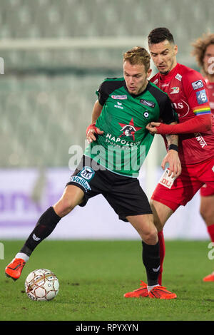 Bruges, Belgique. Feb 23, 2019. BRUGES, BELGIQUE - 23 février : Irvin Cardona de cercle et Zarko Tomasevic de KV Oostende lutte pour le ballon au cours de la Jupiler Pro League matchday 27 entre Cercle Brugge et KV Oostende sur février 23, 2019 à Bruges, Belgique. (Photo de Frank Abbeloos : Crédit Photos Pro/Alamy Live News Banque D'Images